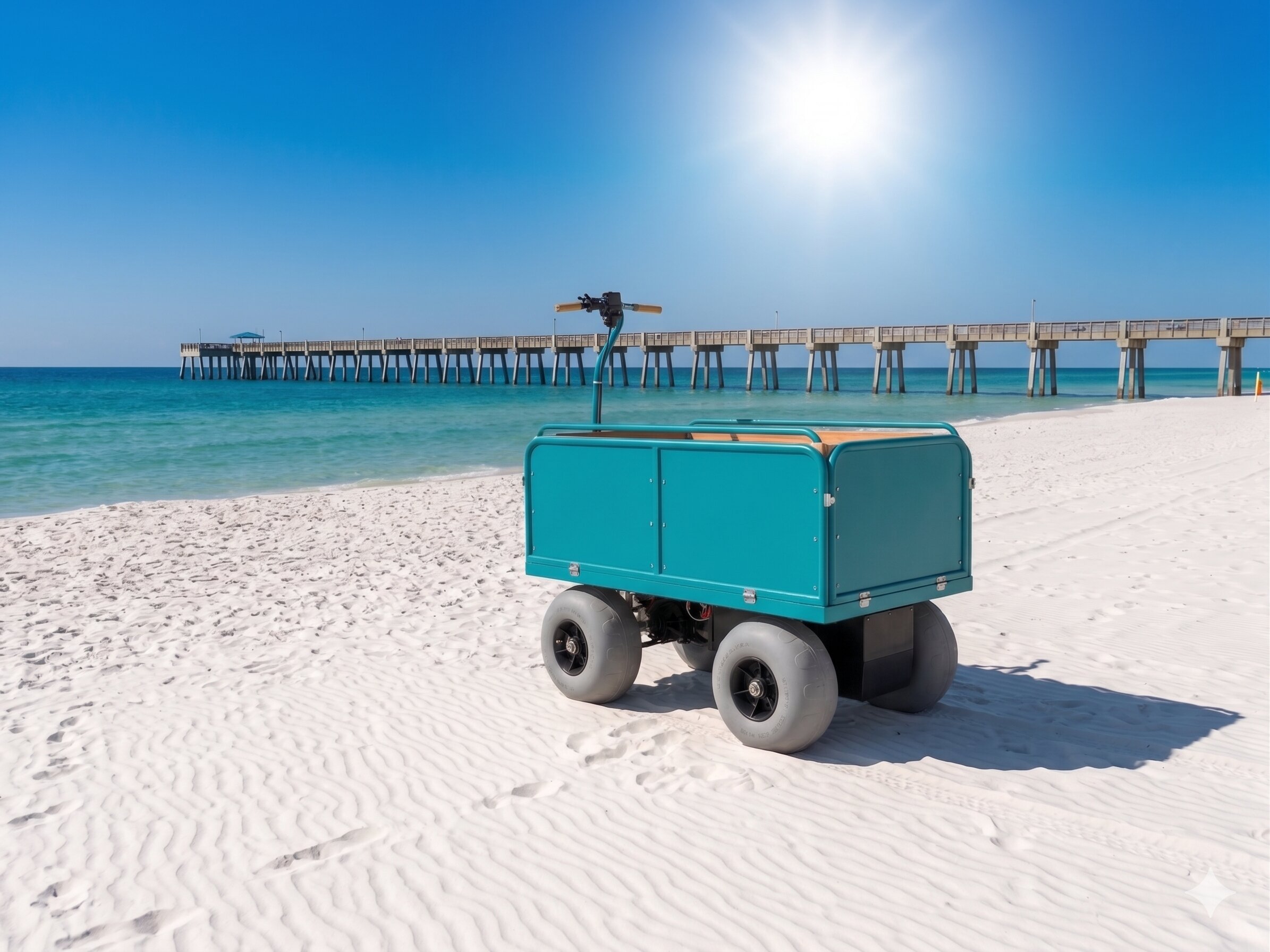 Tiki Buggy electric beach cart loaded with chairs and umbrellas on the sand